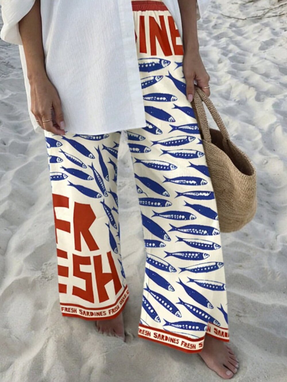Multicolor Casual Women's Starfish Sardine Letter Print Loose Fit Long Pants - Picture 4 of 5